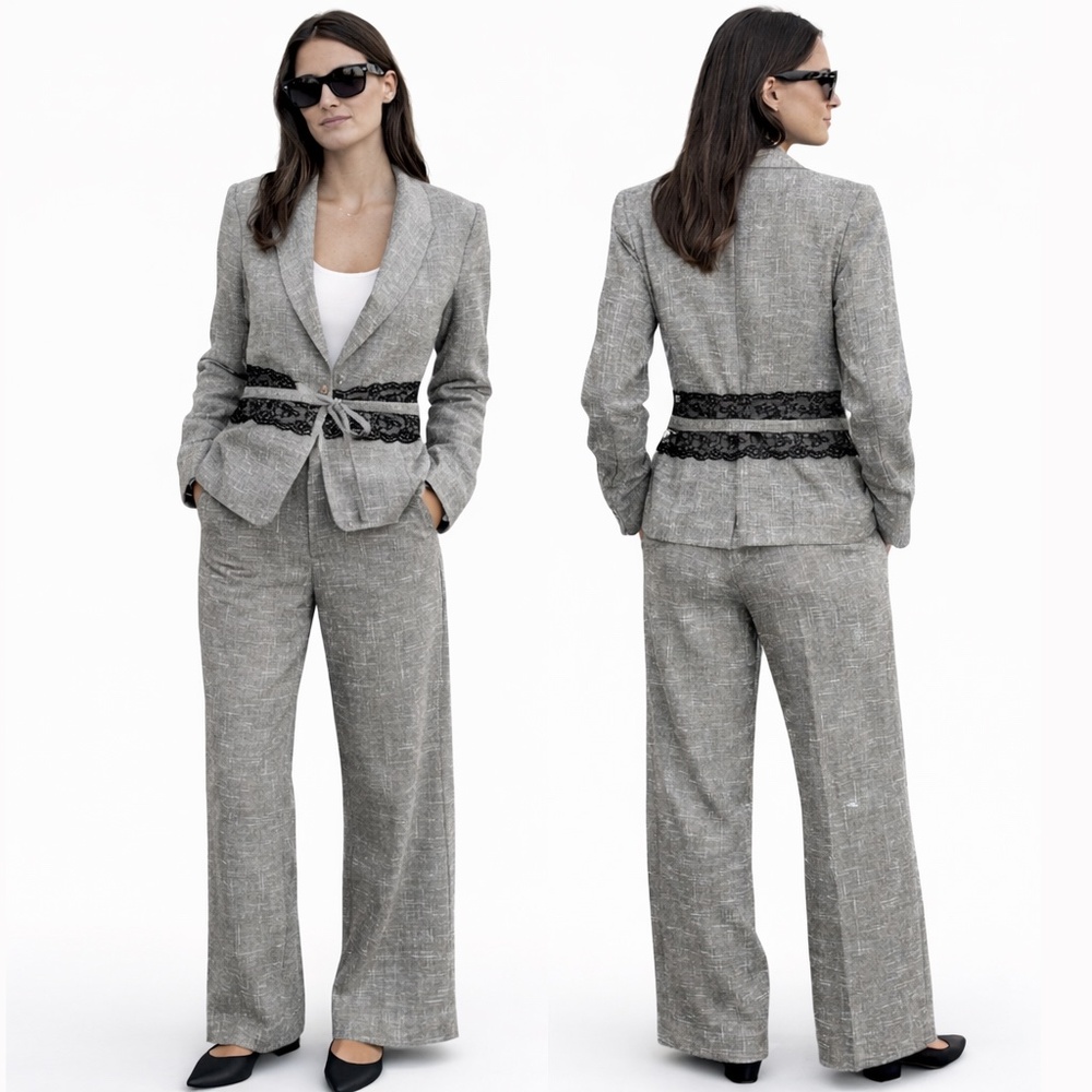 Escada Wool Silk Taupe Lace Detail Pant Suit EU 40 Quiet Luxury